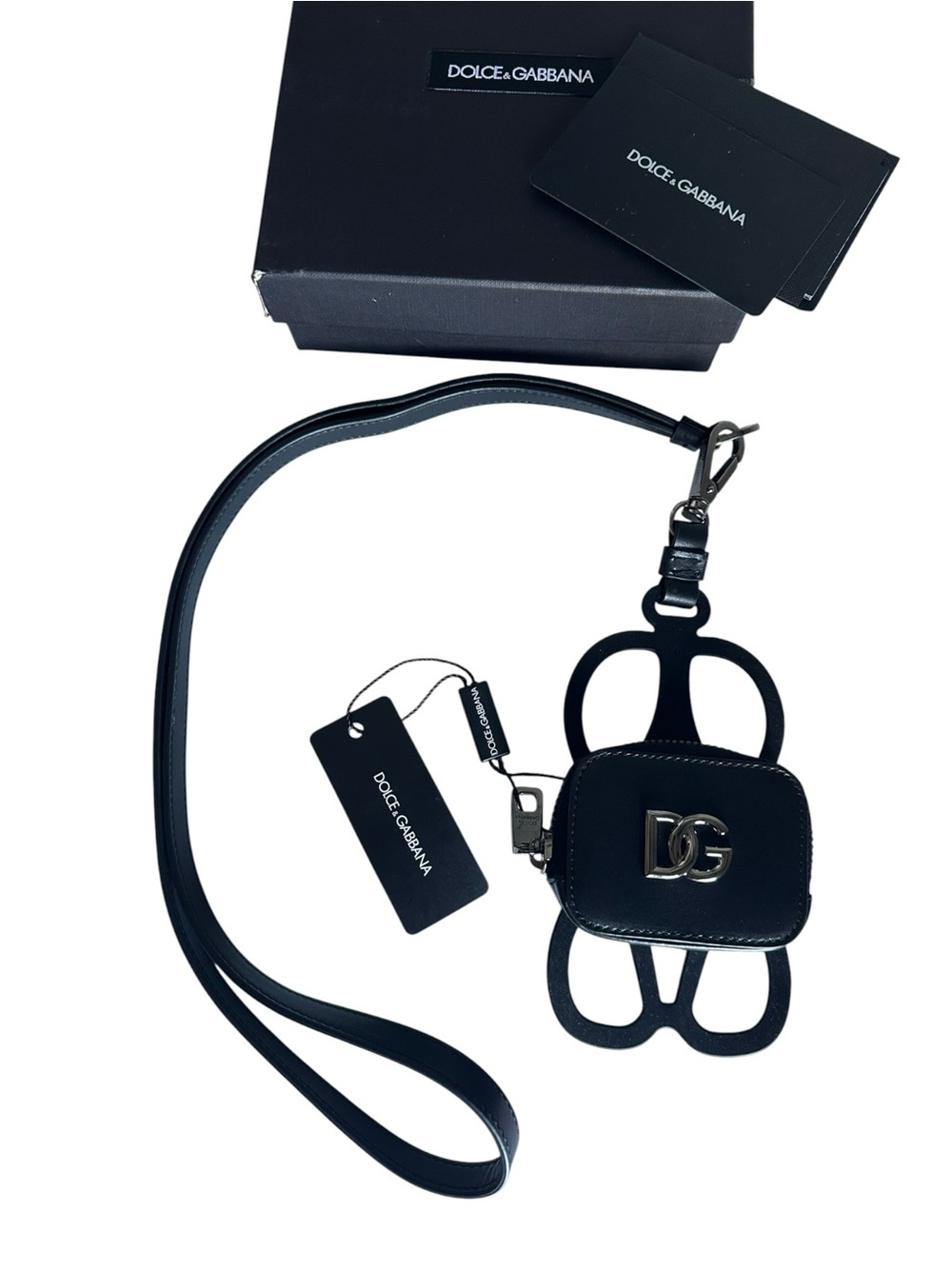 Dolce & Gabbana DG Logo Black Calfskin Leather Coin Purse Lanyard Wallet NWT - Picture 2 of 15